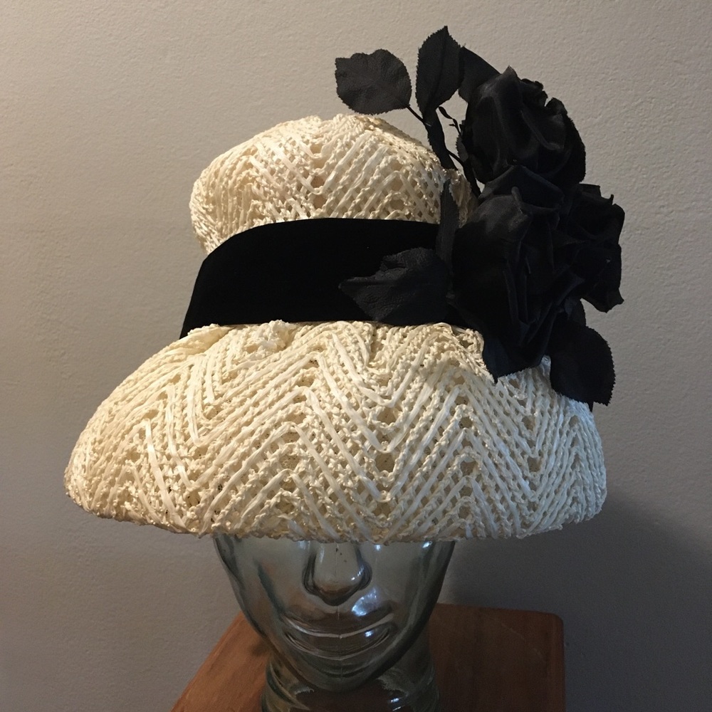 Vintage Hat Egg Shell with Black Roses